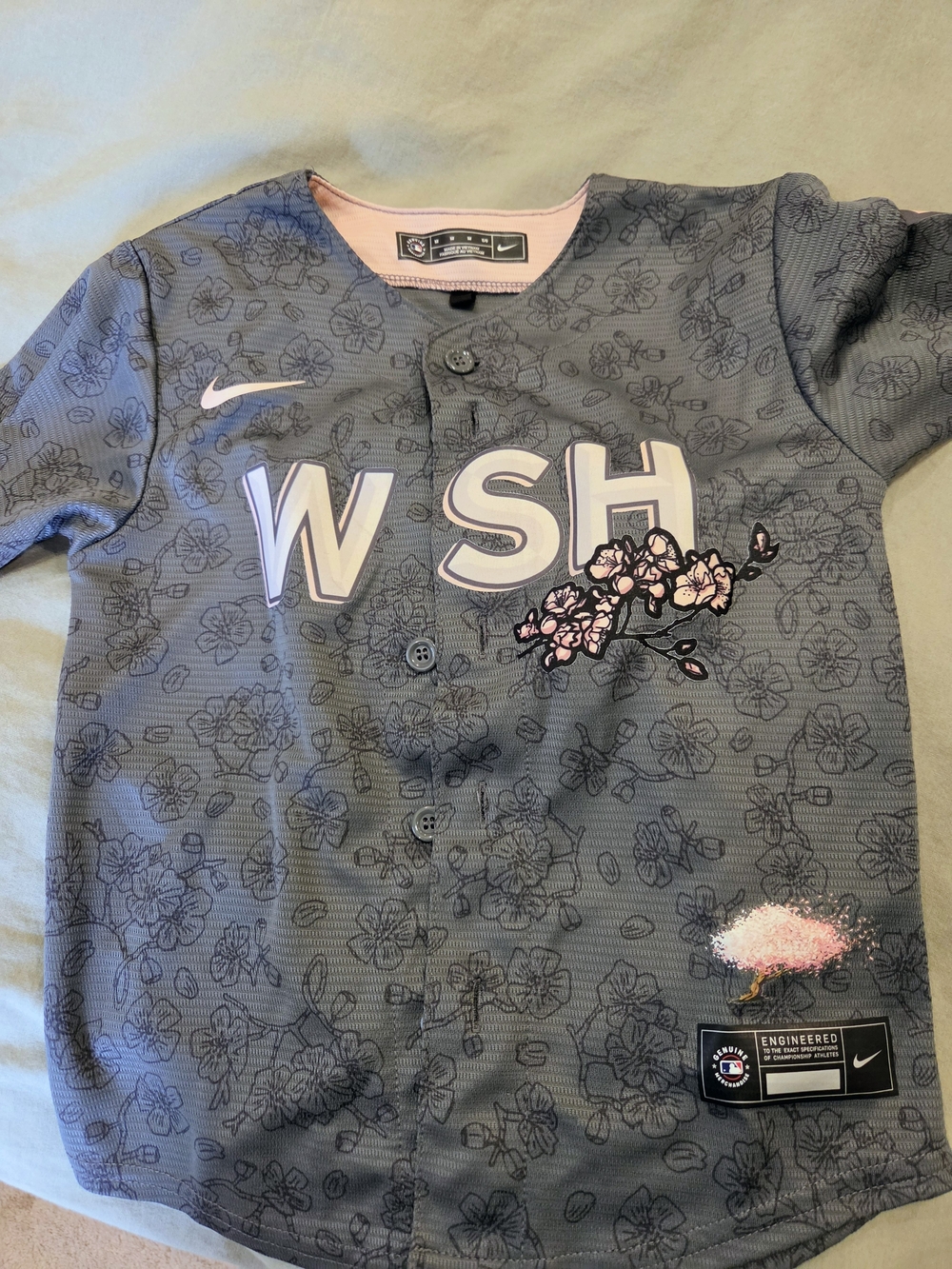 Genuine NATIONALS Kids' Gray Button-Up Jersey with Pink Floral Accents